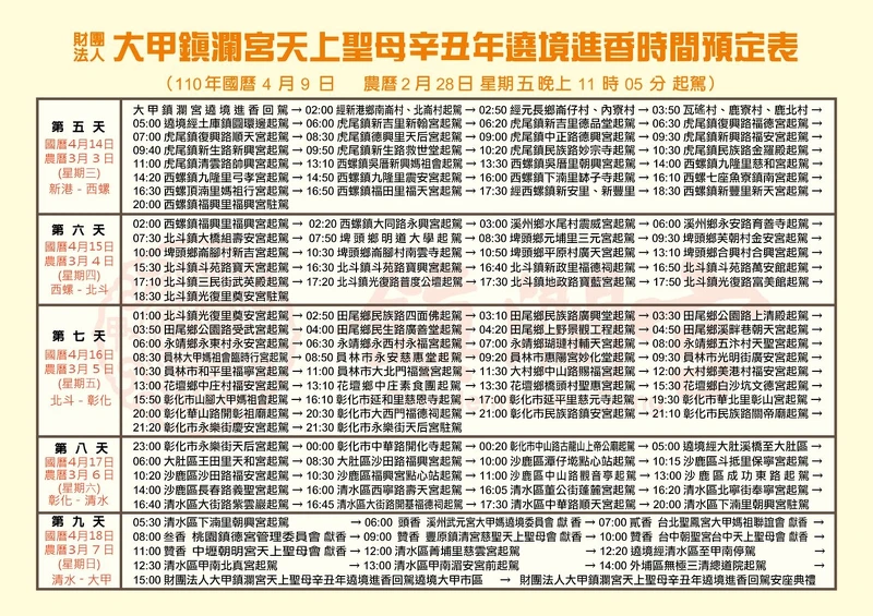 2021大甲媽祖遶境進香時間路程圖、行經宮廟 2021大甲媽祖遶境進香時間路程圖、行經宮廟