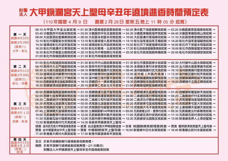 2021大甲媽祖遶境進香時間路程圖、行經宮廟 2021大甲媽祖遶境進香時間路程圖、行經宮廟