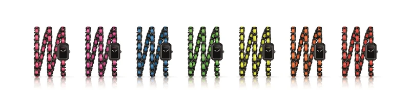 Première Electro Box套組腕錶 限量發行5 套。 7枚Première腕錶。 經黑色ADLC類鑽碳處理的精鋼錶殼，。 精鋼錶背。 精鋼錶冠鑲嵌凸圓形瑪瑙。 黑漆錶盤搭配螢光粉紅、紫色、藍色、綠色、黃色及橘色或紅色