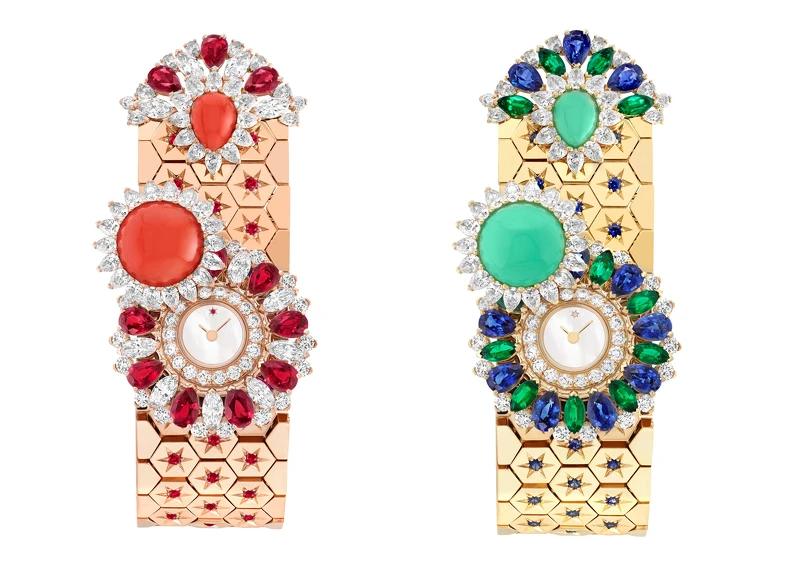 左:Ludo Secret腕錶,玫瑰金、紅寶石、珊瑚、白色珍珠母貝、鑽石、石英機芯。 右:Ludo Secret 腕錶,黃K金,藍寶石,祖母綠,綠玉髓,白色珍珠母貝,鑽石,石英機芯 左:Ludo Secret腕錶,玫瑰金、紅寶石、珊瑚、白色珍珠母貝、鑽石、石英機芯。 右:Ludo Secret 腕錶,黃K金,藍寶石,祖母綠,綠玉髓,白色珍珠母貝,鑽石,石英機芯