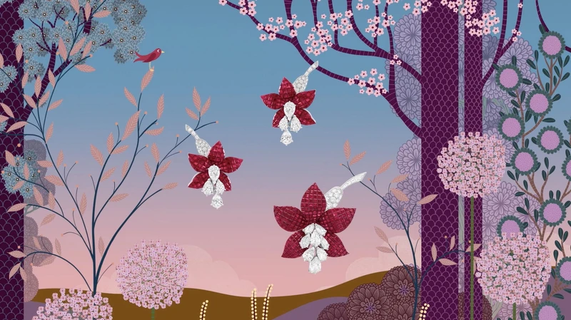 Fushia胸針,鉑金、玫瑰金、傳統隱密式鑲嵌紅寶石、鑽石,插畫由法國藝術家Charlotte Gastaut為Van Cleef & Arpels梵克雅寶特別創作 Fushia胸針,鉑金、玫瑰金、傳統隱密式鑲嵌紅寶石、鑽石,插畫由法國藝術家Charlotte Gastaut為Van Cleef & Arpels梵克雅寶特別創作