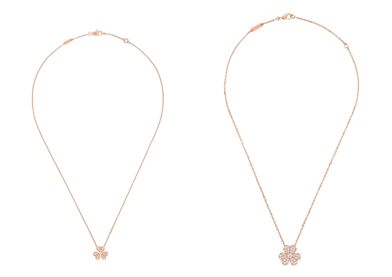 （左）Frivole吊墜，迷你款式，玫瑰金、鑽石，建議售價約NT123,000、（右）Frivole吊墜，小型款式，玫瑰金、鑽石，建議售價約NT267,000