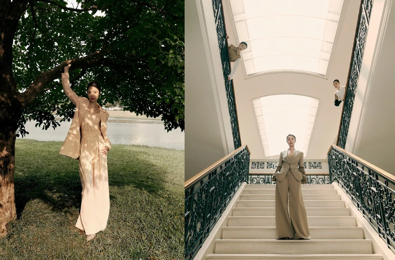 袖子以垂綴感設計、華美飄逸皺褶與寬褲的組合,讓駝色西服套裝既有現代摩登幹練風采,又能彰顯女性雅緻柔美的一面。 袖子以垂綴感設計、華美飄逸皺褶與寬褲的組合,讓駝色西服套裝既有現代摩登幹練風采,又能彰顯女性雅緻柔美的一面。