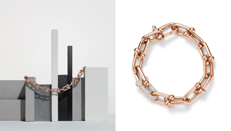 Tiffany HardWear 18K玫瑰金鏈結設計鑲鑽手環