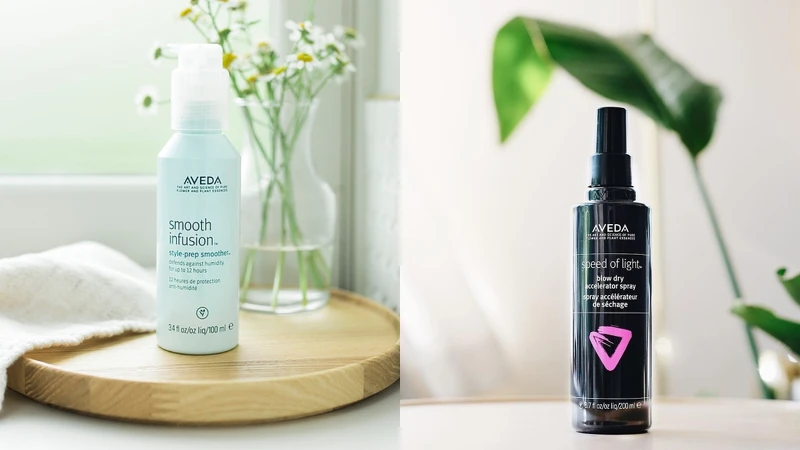 左：AVEDA強效順髮乳，右：AVEDA縮時護髮霧