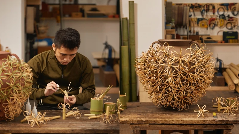 中國陳旻拗折竹片，製作出一朵朵大小不一的竹片花