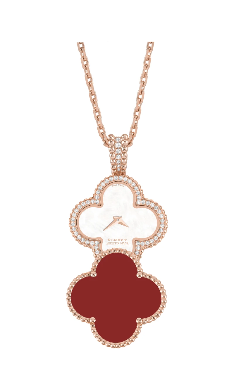 Alhambra神秘吊墜錶_玫瑰金、紅玉髓、鑽石、白色珍珠母貝錶盤、石英機芯_建議售價: 約新台幣 575,000元