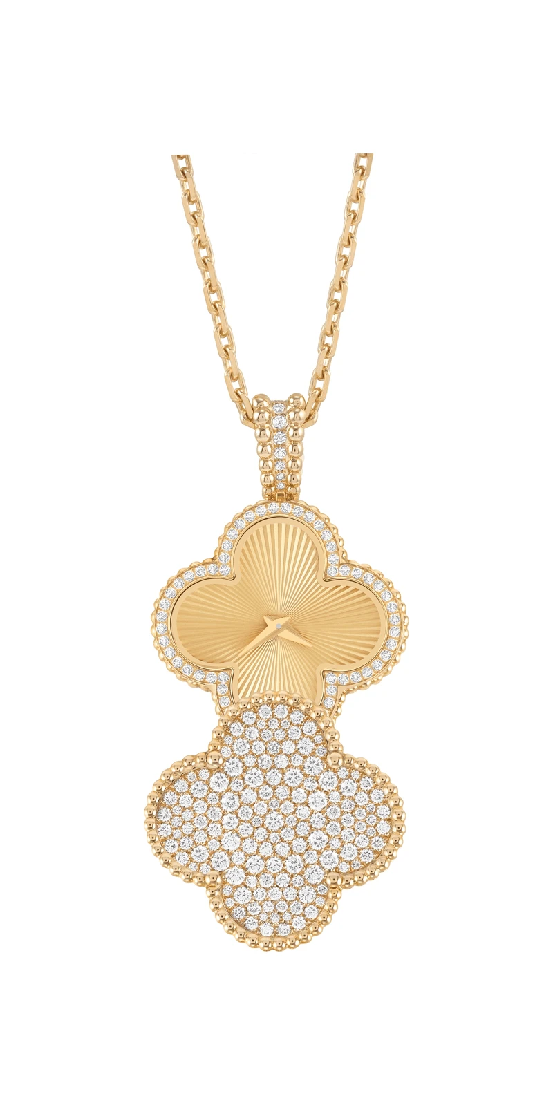 Alhambra神秘吊墜錶_黃K金、鑽石、璣鏤雕花黃 K金錶盤、石英機芯_建議售價: 約新台幣 1,340,000元