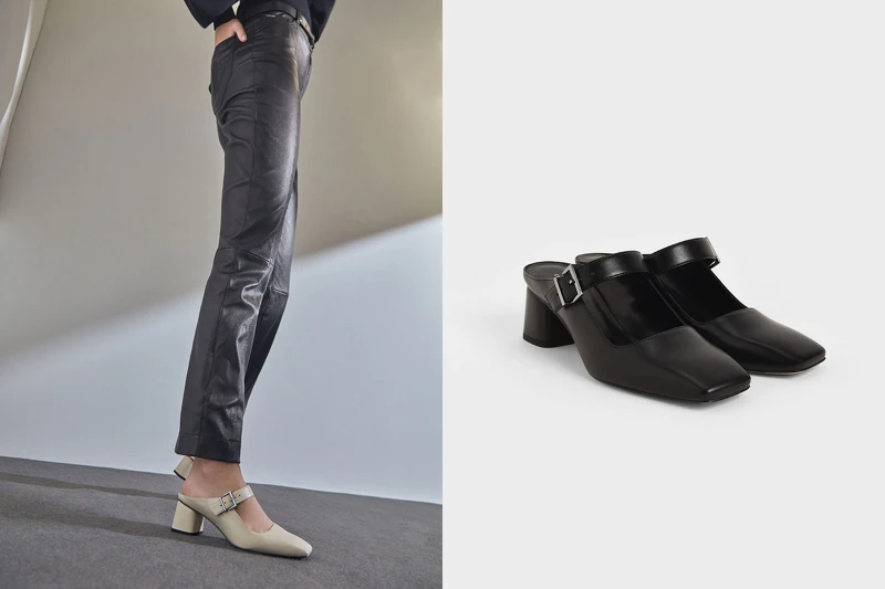 瑪莉珍飾帶帶有復古氣質，推薦也可以搭配顏色鮮豔的襪子，又能變化出另一種俏皮的風格。Charles & Keith純色方頭穆勒鞋，售價NT$1,690