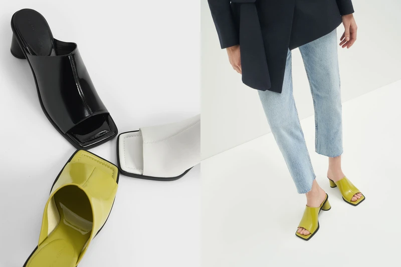 近期韓風流行的方頭拖鞋，配上粗短跟設計，實穿好走又可以拉長比例。Charles & Keith方頭粗跟穆勒拖鞋，售價NT$1,690