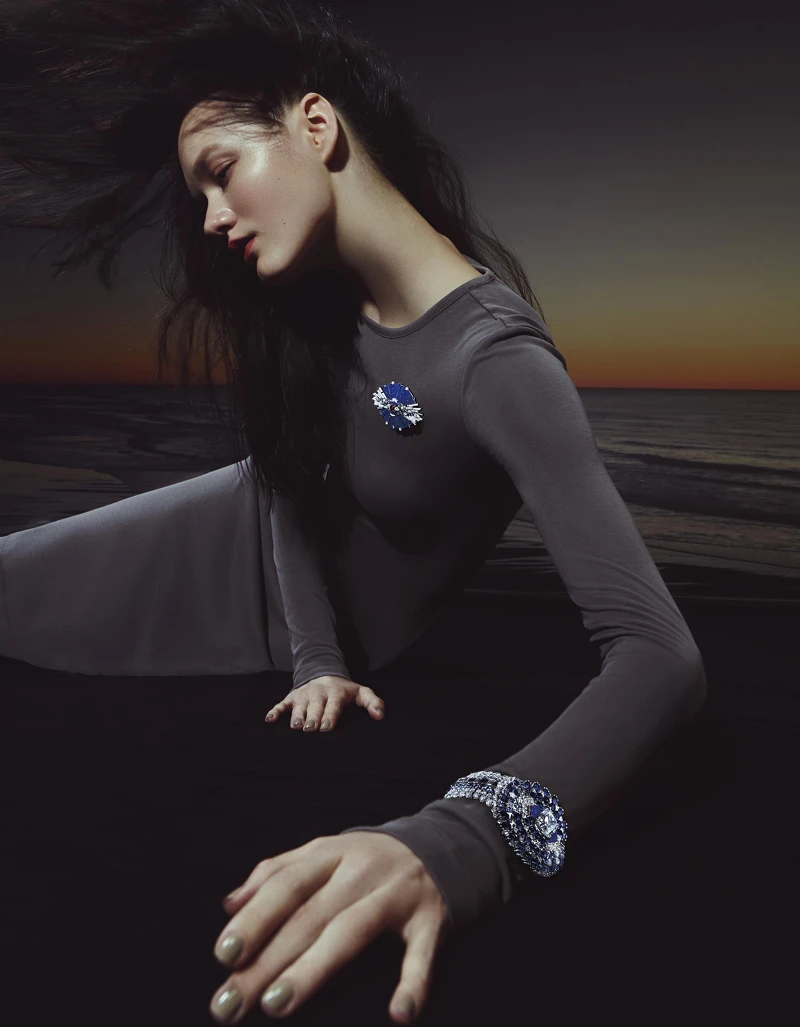 Sous Les Étoiles 頂級珠寶系列 Expansion手鐲及可轉換式戒指，18K白金鑲嵌枕形切割鑽石、藍寶石、青金石和鑽石；Amorpha胸針，18K白金鑲嵌緬甸橢圓形紅寶石、藍寶石、紫色藍寶石、黑色尖晶石、青金石和鑽石，both by Van Cleef & Arpels。洋裝，H&M Conscious。