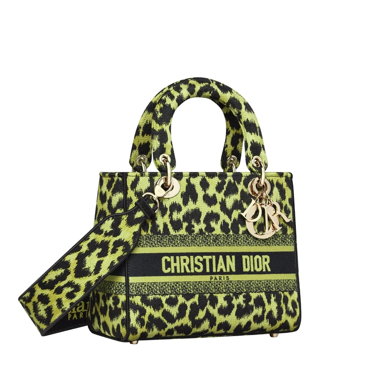 Lady D-Lite 青檸綠豹紋刺繡帆布中型提包，NT155,000