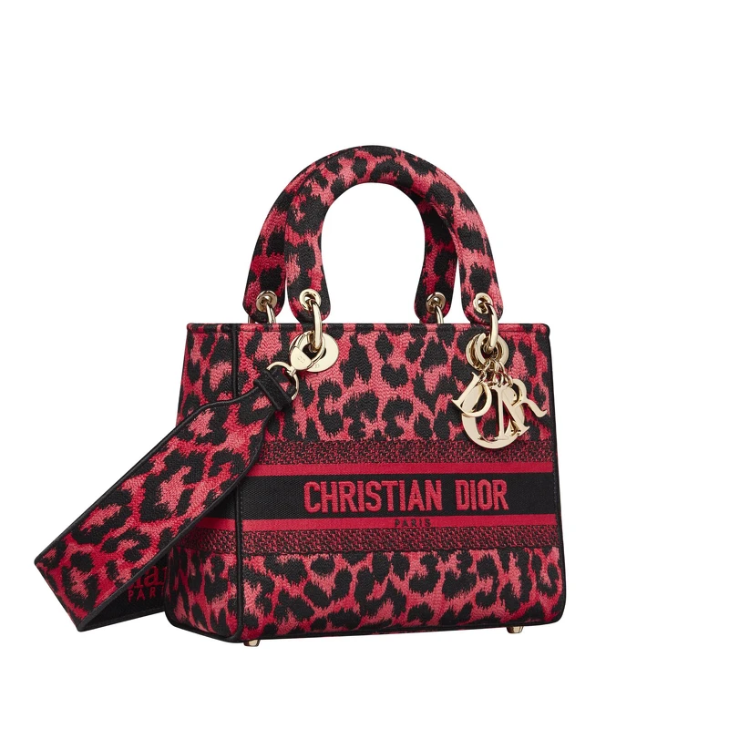 Lady D-Lite 莓果紅豹紋刺繡帆布中型提包，NT155,000