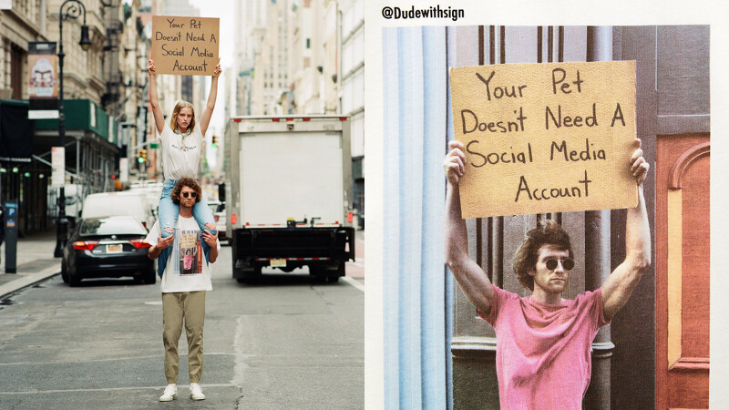 Zara X @dudewithsign 圓領短袖 T 恤，標語「你的寵物不需要一個社交軟體帳號」，售價NT$790