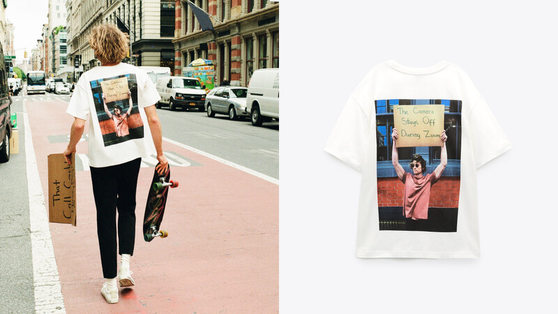 Zara X @dudewithsign 圓領短袖 T 恤，標語「Zoom會議的視訊不應該打開」，售價NT$790