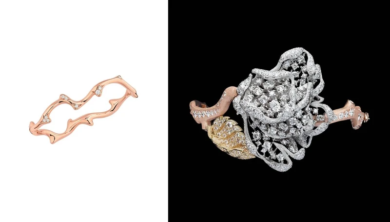(左) Bois de Rose 是直取花莖的非典型玫瑰主題的輕珠寶。(右)2021年延伸到Rose Dior 高級珠寶系列,呈現朝露凝結於花莖的景致。Victoire de Castellane 用新意象、新工藝重返玫瑰主題。  (左) Bois de Rose 是直取花莖的非典型玫瑰主題的輕珠寶。(右)2021年延伸到Rose Dior 高級珠寶系列,呈現朝露凝結於花莖的景致。Victoire de Castellane 用新意象、新工藝重返玫瑰主題。