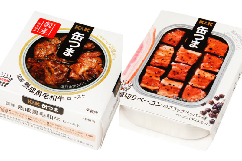 (左)熟成黑毛和牛罐頭,(右)蜂蜜芥末厚切培根罐頭。 (左)熟成黑毛和牛罐頭,(右)蜂蜜芥末厚切培根罐頭。