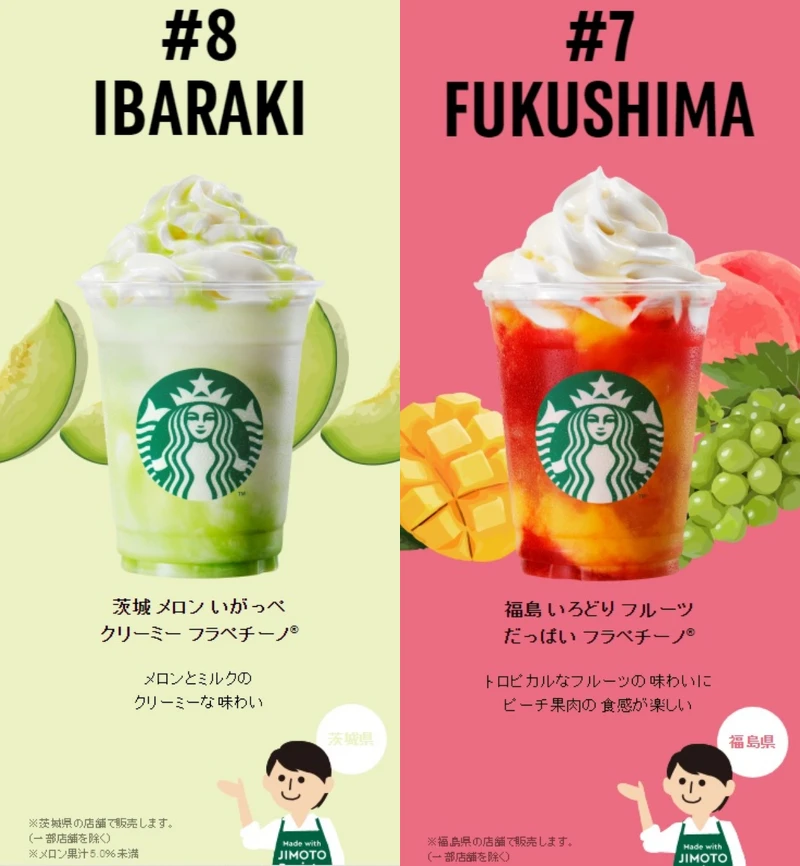 ▲茨城（左）哈密瓜和福島綜合水果（右）都有著清新的水果風味。（合成圖／翻攝自Starbucks Japan官網）
