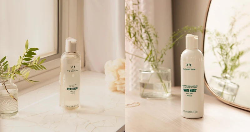 白麝香沐浴膠 $680/250ml $950/400ml，白麝香潤膚乳 $980/250ml $1380/400ml 