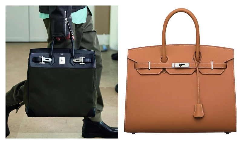(左)2021年秋冬男裝系列 Haut à Courroies 包；(右) 經典 Birkin 35系列天然母牛提包。