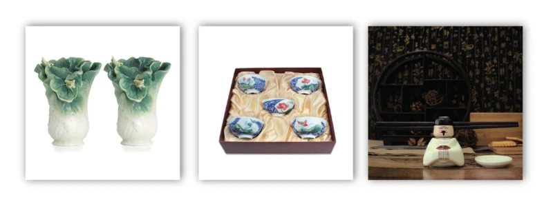 由左至右分別為翠玉白菜椒鹽罐、荷開五韻碗組、朝廷筷架-宋太祖。 由左至右分別為翠玉白菜椒鹽罐、荷開五韻碗組、朝廷筷架-宋太祖。