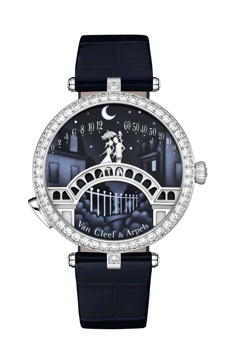 Lady Arpels Pont des Amoureux 腕錶,白K金、鑽石、琺瑯、按需動畫模組、建議售價約新台幣3,930,000元(親吻) Lady Arpels Pont des Amoureux 腕錶,白K金、鑽石、琺瑯、按需動畫模組、建議售價約新台幣3,930,000元(親吻)