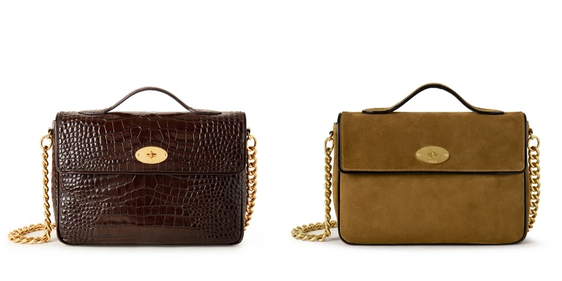 Mulberry X Alex Chung Big Guy（左）鱷魚壓紋款，售價1,195英鎊／（右）麂皮款，售價Mulberry X Alex Chung Big Guy（皮革款），售價995英鎊