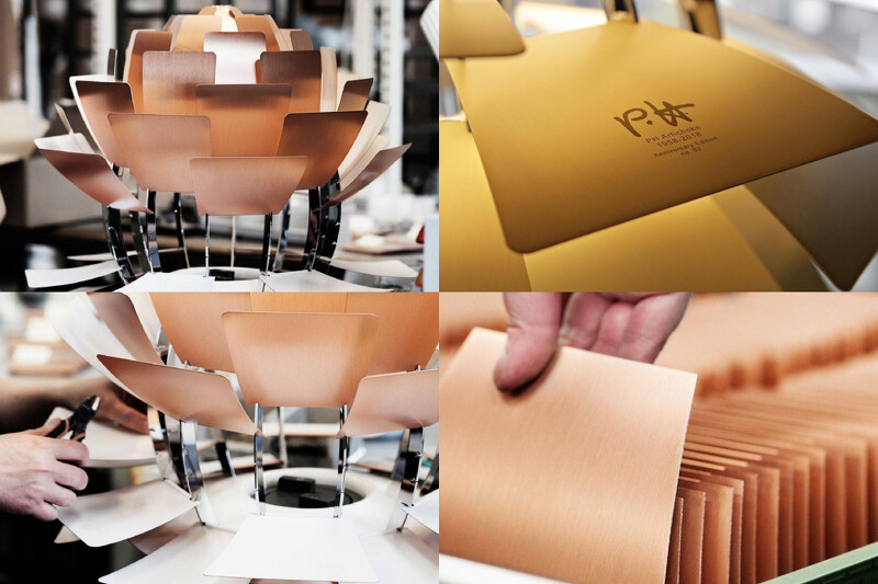 整座燈具由72片如樹葉般交錯堆疊的金屬構造組成,圖片為組裝過程。 整座燈具由72片如樹葉般交錯堆疊的金屬構造組成,圖片為組裝過程。