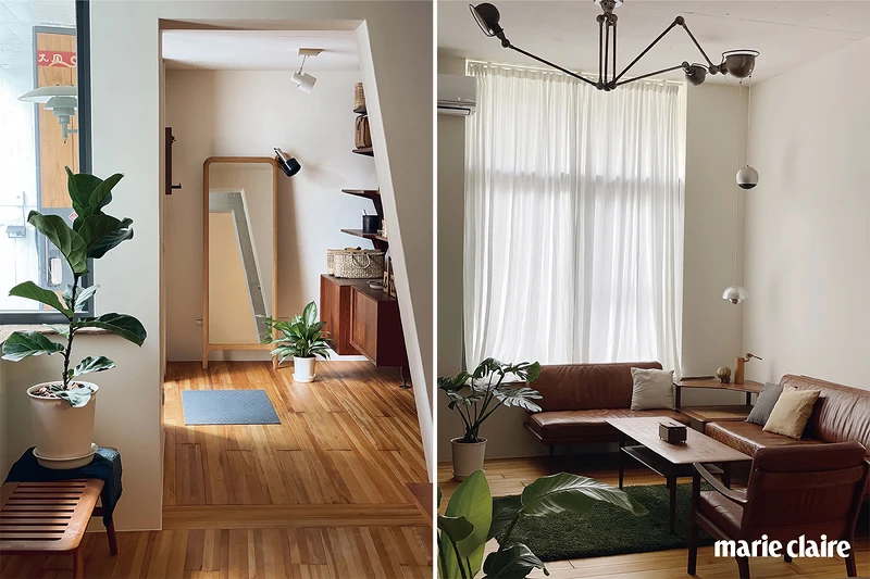 (左)室內空間採無木作櫃體,並利用收藏多年的檜木角料作為整棟建築物地板原料,最後再擺放收藏多年的傢俱。(右)在設計圖產出後,立即想好燈具配置,所有的燈具都是事先規劃好的位置,法國三頭 Jieldé 立燈通常作為壁燈使用,小白則轉換為頂燈用法,並被規劃安置在客廳挑高300公分的空間內。 (左)室內空間採無木作櫃體,並利用收藏多年的檜木角料作為整棟建築物地板原料,最後再擺放收藏多年的傢俱。(右)在設計圖產出後,立即想好燈具配置,所有的燈具都是事先規劃好的位置,法國三頭 Jieldé 立燈通常作為壁燈使用,小白則轉換為頂燈用法,並被規劃安置在客廳挑高300公分的空間內。