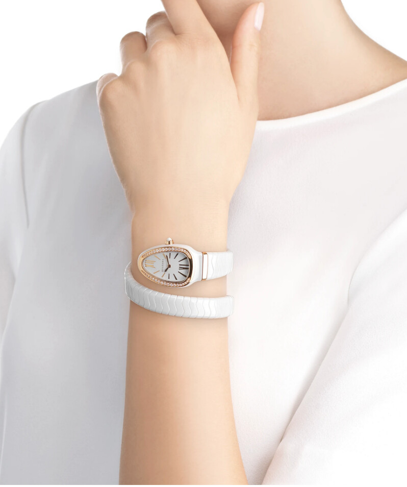 BVLGARI 寶格麗 Serpenti Spiga 系列白陶瓷雙圈手環手錶，售價NT340,200