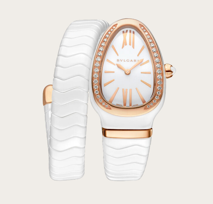 BVLGARI 寶格麗 Serpenti Spiga 系列白陶瓷雙圈手環手錶，售價NT340,200