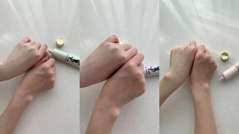 YSL名模肌密光幻防護妝前乳，三色使用前後對比。