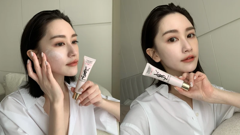 YSL名模肌密光幻防護妝前乳，玫瑰色示範。