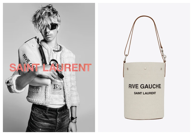 (左) Romeo Beckham 演繹 Saint Laurent 經典丹寧系列。(右) RIVE GAUCHE 帆布與焦糖褐色小牛皮水桶包,NT44,000  (左) Romeo Beckham 演繹 Saint Laurent 經典丹寧系列。(右) RIVE GAUCHE 帆布與焦糖褐色小牛皮水桶包,NT44,000