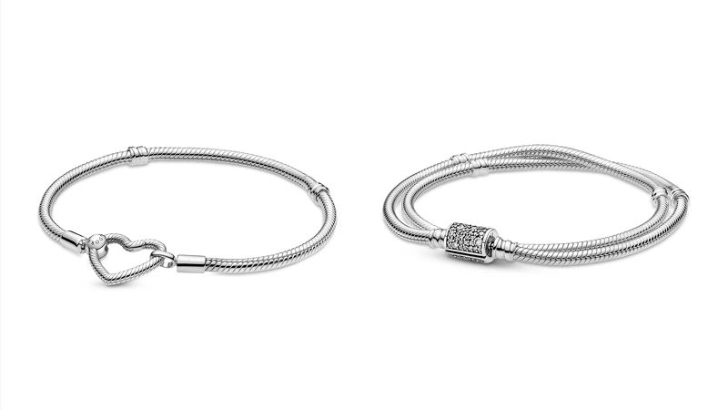 Pandora 925銀愛心釦環手鏈NT3,280、Pandora 925銀璀璨釦頭雙圈手鏈NT$5,380。 Pandora 925銀愛心釦環手鏈NT3,280、Pandora 925銀璀璨釦頭雙圈手鏈NT$5,380。