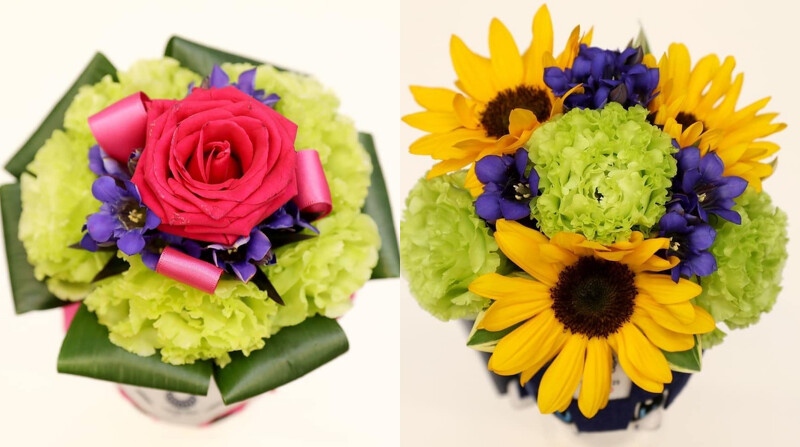 桔梗、向日葵、龍膽是代表了東日本大地震受災最嚴重的日本三縣，左為殘奧會花束，差別在粉紅玫瑰。