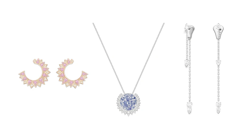 PIAGET Sunlight系列18K玫瑰金粉紅藍寶石及鑽石耳環、PIAGET Sunlight 系列18K白金藍寶石及鑽石墜鍊、PIAGET Sunlight系列18白金鑽石耳環。 PIAGET Sunlight系列18K玫瑰金粉紅藍寶石及鑽石耳環、PIAGET Sunlight 系列18K白金藍寶石及鑽石墜鍊、PIAGET Sunlight系列18白金鑽石耳環。