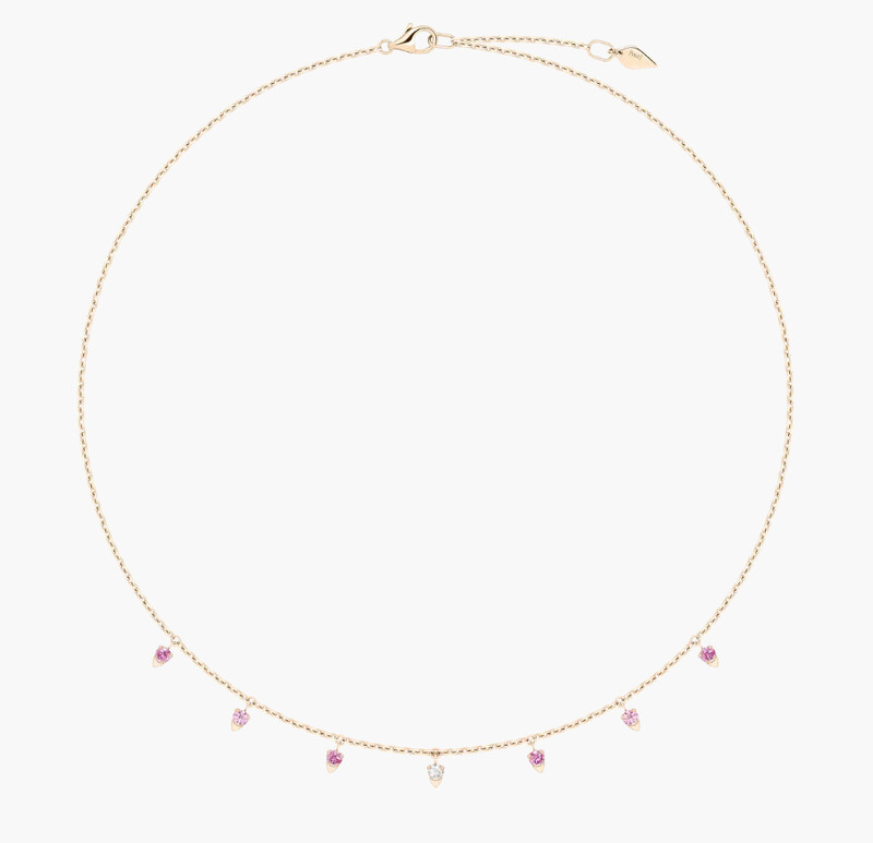 Piaget Sunlight 項鏈2021年全新款，18K玫瑰金，鑲飾1顆明亮形切割圓形美鑽（約0.06克拉）和6顆粉紅色藍寶石（約0.48克拉），售價NT$ 108,000