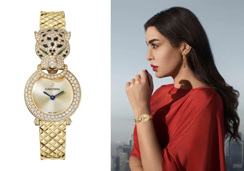 La Panthère美洲豹舖鑲鑽腕錶(石英機芯。黃K金錶殼、錶鍊,鑲嵌134顆圓形明亮式切割鑽石,梨形祖母綠豹眼,黑色真漆豹鼻及豹紋,金色錶盤,藍鋼劍形指針,藍寶石水晶鏡面)。 La Panthère美洲豹舖鑲鑽腕錶(石英機芯。黃K金錶殼、錶鍊,鑲嵌134顆圓形明亮式切割鑽石,梨形祖母綠豹眼,黑色真漆豹鼻及豹紋,金色錶盤,藍鋼劍形指針,藍寶石水晶鏡面)。