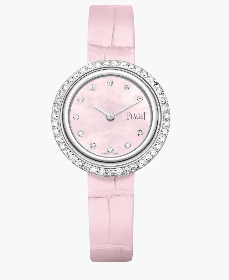 PIAGET POSSESSION腕錶 可更換錶帶 Possession腕錶，直徑29毫米。18K白金錶殼，鑲飾42顆明亮形切割圓形美鑽（約1.03克拉）。粉紅色珍珠貝母錶盤鑲飾11顆明亮形切割圓形美鑽（約0.07克拉）。可替換式錶帶。伯爵製56P石英機芯。NT$ 530,000