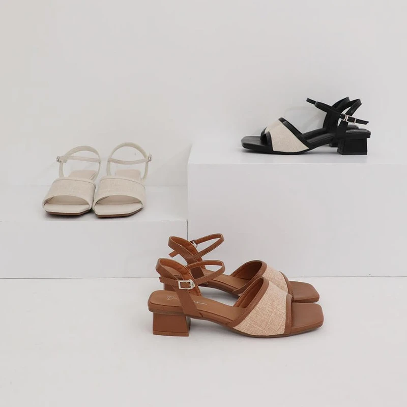 亞麻布拼接低跟涼鞋 亞麻布拼接低跟涼鞋