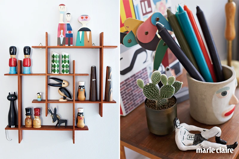 （右）公寓的牆壁擺上喜歡的收藏作為裝飾。（左）英國插畫家與陶藝家 Lucy Kirk 作的陶瓷人像，丹麥家居品牌HAY的筆筒，是具有現代生活風格的家居品牌。