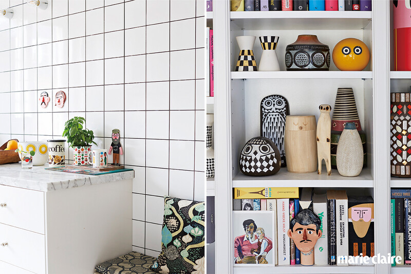 （左）住在斯德哥爾摩市區的公寓採光極佳，古董邊桌搭配明亮的白色磁磚，營造出清新乾淨的氛圍。（右）書架上擺滿從各處蒐集來的古董小物，全都很有她的風格，活潑又色彩繽紛。