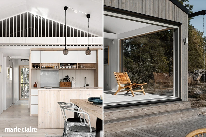 （左）夏日小屋的廚房，雖然不大，但配備齊全。 （右）非常喜歡夏日小屋的客廳與戶外露台連接的空間，因為在不同時間有不同光影效果。Photo by Alexander Gårdenberg