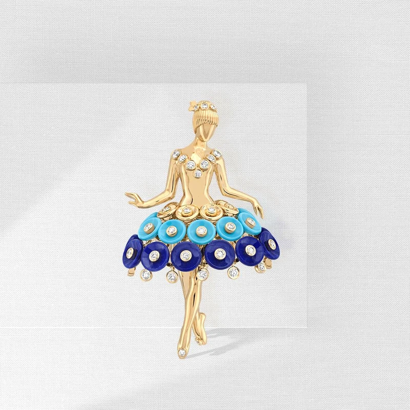 Bouton d’or芭蕾舞伶胸針,黃K金、綠松石、青金石、鑽石 Bouton d’or芭蕾舞伶胸針,黃K金、綠松石、青金石、鑽石