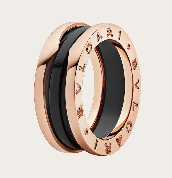 BVLGARI B.zero 1系列雙環戒指，玫瑰金鑲嵌黑色陶瓷，售價NT$48,700