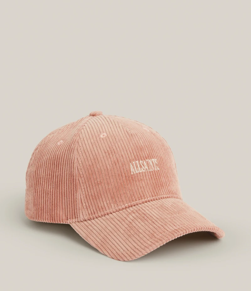 AllSaints Willa 粉色燈芯絨棒球帽，NT2500 (官網獨家販售)。