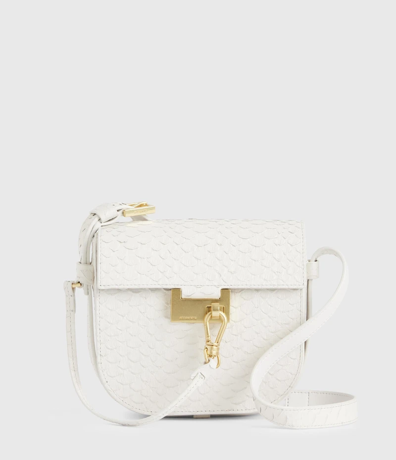 AllSaints Ida蛇紋壓紋牛皮斜背包，NT11200。