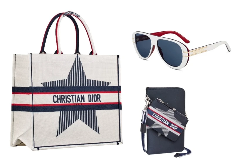 (左)DiorAlps Book 拿鐵白幸運星刺繡托特包、(上)DiorSignature A2U DiorAlps 白紅復古框飛行員墨鏡、(下)DiorAlps 藍色帆布幸運星隨身包 (左)DiorAlps Book 拿鐵白幸運星刺繡托特包、(上)DiorSignature A2U DiorAlps 白紅復古框飛行員墨鏡、(下)DiorAlps 藍色帆布幸運星隨身包