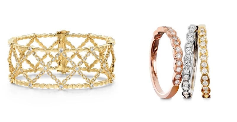 Lorelei Lattice黃K金鑽石手環、Lorelei Floral鑽石戒指。 